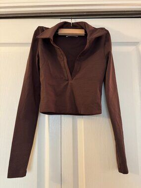 Brown V-Neck Long Sleeve Top